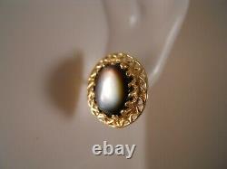 Vintage 14k Yellow Gold Cats Eye Quartz Art Deco Victorian Flower Stud Earrings