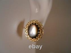 Vintage 14k Yellow Gold Cats Eye Quartz Art Deco Victorian Flower Stud Earrings