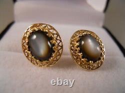 Vintage 14k Yellow Gold Cats Eye Quartz Art Deco Victorian Flower Stud Earrings