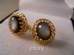 Vintage 14k Yellow Gold Cats Eye Quartz Art Deco Victorian Flower Stud Earrings