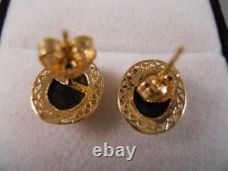 Vintage 14k Yellow Gold Cats Eye Quartz Art Deco Victorian Flower Stud Earrings