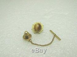 Vintage 14kt Gold Cat's Eye Tie Tack, Bar Chain, 2.19 Gr. Art Deco