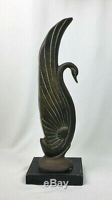 Vintage (1930s) Brass Art Deco Swan withBeautiful Aged Patina Black Base 16 Tall