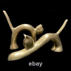 Vintage 1970s Pair of Solid Brass Art Deco Stretching Cat Sculptures Paperweight