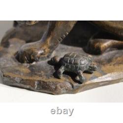 Vintage 20Th Art Deco Bronze Cat Figure Playing with a turtle 16 CM