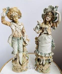 Vintage Antique Carl Schneider Bisque Porcelain Girl & Boy Figures With Cat&Dog