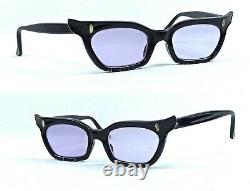 Vintage Art Deco 1950's Sunglasses Black MID Century Unisex Cat Eye Purple Lens