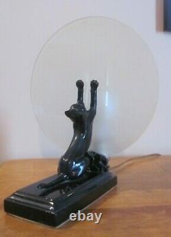 Vintage Art Deco Black Cat At The Moon Frosted Glass 11 Tall Electric Lamp