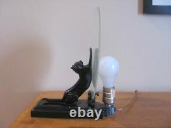 Vintage Art Deco Black Cat At The Moon Frosted Glass 11 Tall Electric Lamp