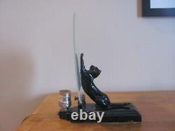 Vintage Art Deco Black Cat At The Moon Frosted Glass 11 Tall Electric Lamp