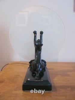 Vintage Art Deco Black Cat At The Moon Frosted Glass 11 Tall Electric Lamp