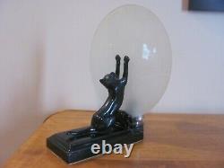 Vintage Art Deco Black Cat At The Moon Frosted Glass 11 Tall Electric Lamp