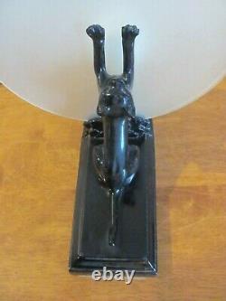 Vintage Art Deco Black Cat At The Moon Frosted Glass 11 Tall Electric Lamp