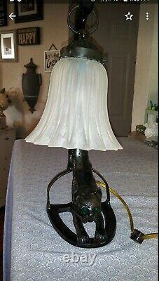 Vintage Art Deco Black Cat With Green Eyes Lamp