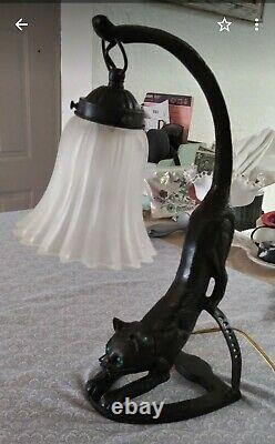 Vintage Art Deco Black Cat With Green Eyes Lamp