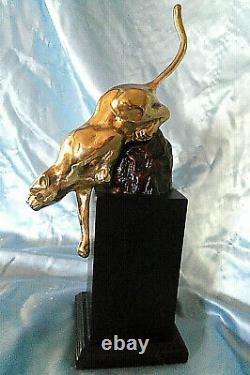 Vintage Art Deco Brass Cougar Panther Cat Pedestal Statue Figurine