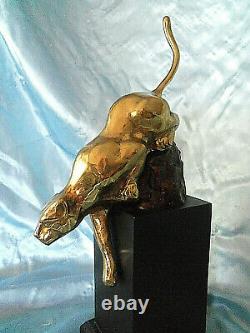 Vintage Art Deco Brass Cougar Panther Cat Pedestal Statue Figurine