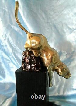 Vintage Art Deco Brass Cougar Panther Cat Pedestal Statue Figurine