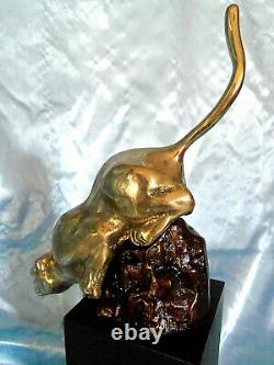 Vintage Art Deco Brass Cougar Panther Cat Pedestal Statue Figurine