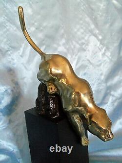 Vintage Art Deco Brass Cougar Panther Cat Pedestal Statue Figurine