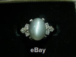 Vintage Art Deco Cats Eye & Diamond Ring in 14k White Gold