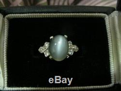 Vintage Art Deco Cats Eye & Diamond Ring in 14k White Gold