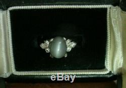 Vintage Art Deco Cats Eye & Diamond Ring in 14k White Gold