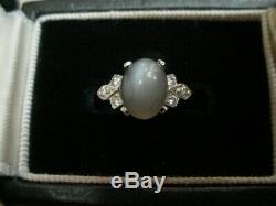 Vintage Art Deco Cats Eye & Diamond Ring in 14k White Gold