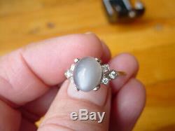 Vintage Art Deco Cats Eye & Diamond Ring in 14k White Gold