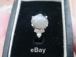 Vintage Art Deco Cats Eye & Diamond Ring in 14k White Gold