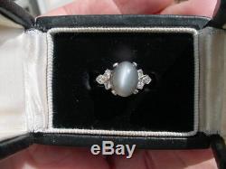 Vintage Art Deco Cats Eye & Diamond Ring in 14k White Gold