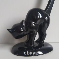 Vintage Art Deco Ceramic Black Cat Long Tail Pretzel Ring Holder