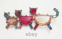 Vintage Art Deco Czech 3 Cats Pin Brooch Open Back Glass Rhinestones Multi Color