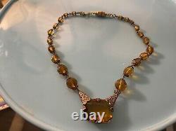 Vintage Art Deco Czech Czechoslovakia Cat Amber Yellow Glass Pendant Necklace
