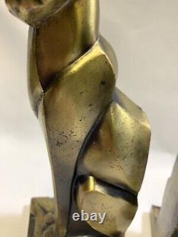 Vintage Art Deco, Heavy, Bronze, (maybe Cornell) Cubist Cat Bookends 7 3/4
