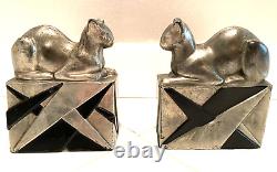 Vintage Art Deco Pompeian Bronze Egyptian Cat Bookends Bronze With Silver Finish