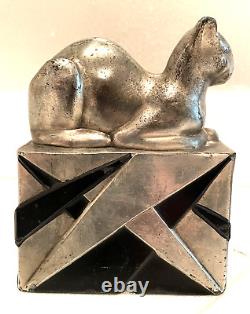 Vintage Art Deco Pompeian Bronze Egyptian Cat Bookends Bronze With Silver Finish