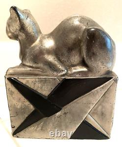 Vintage Art Deco Pompeian Bronze Egyptian Cat Bookends Bronze With Silver Finish