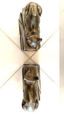 Vintage Art Deco Pompeian Bronze Egyptian Cat Bookends Bronze With Silver Finish