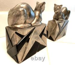 Vintage Art Deco Pompeian Bronze Egyptian Cat Bookends Bronze With Silver Finish