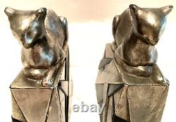Vintage Art Deco Pompeian Bronze Egyptian Cat Bookends Bronze With Silver Finish