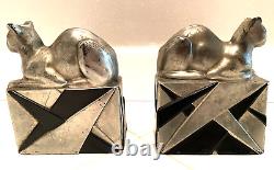 Vintage Art Deco Pompeian Bronze Egyptian Cat Bookends Bronze With Silver Finish