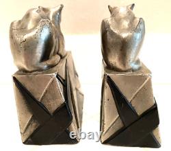 Vintage Art Deco Pompeian Bronze Egyptian Cat Bookends Bronze With Silver Finish