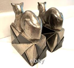 Vintage Art Deco Pompeian Bronze Egyptian Cat Bookends Bronze With Silver Finish