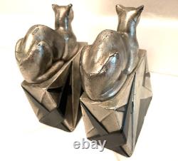 Vintage Art Deco Pompeian Bronze Egyptian Cat Bookends Bronze With Silver Finish
