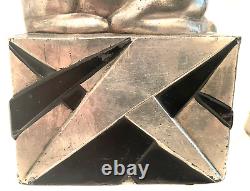 Vintage Art Deco Pompeian Bronze Egyptian Cat Bookends Bronze With Silver Finish