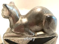 Vintage Art Deco Pompeian Bronze Egyptian Cat Bookends Bronze With Silver Finish