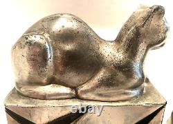 Vintage Art Deco Pompeian Bronze Egyptian Cat Bookends Bronze With Silver Finish