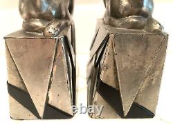 Vintage Art Deco Pompeian Bronze Egyptian Cat Bookends Bronze With Silver Finish