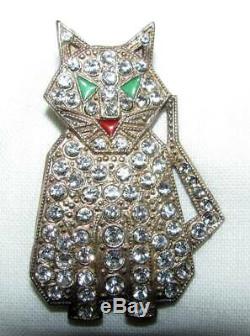 Vintage Art Deco Silver Red Green Enamel Diamond Paste Rhinestone Cat Pin Brooch